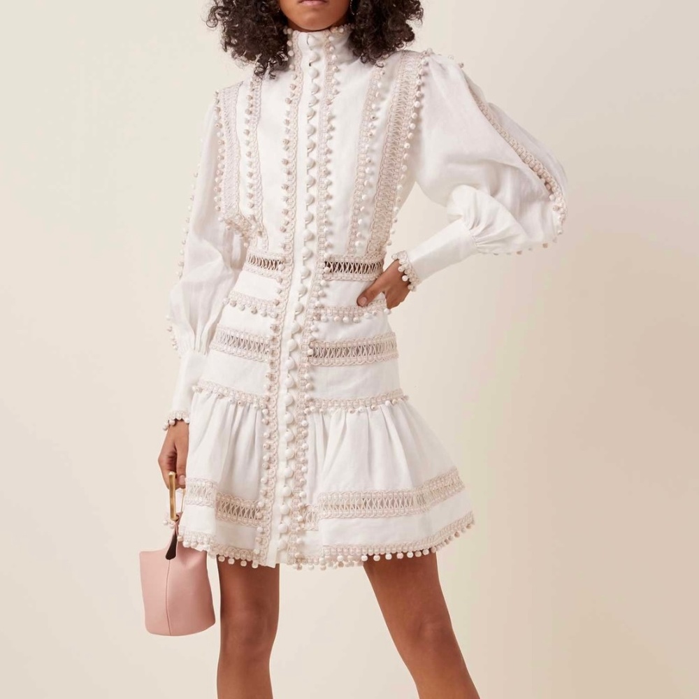 NWT Zimmermann Embroidered Button-Detailed Off White Ramie Mini Dress Size 1 AU